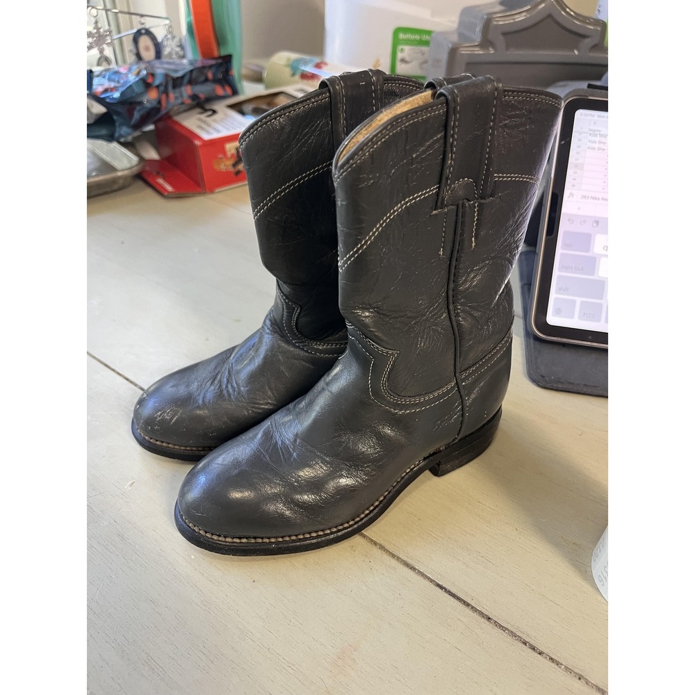 Justin Boots Kids Black Leather Western Roper Cowboy Boots Size 9.5C 294